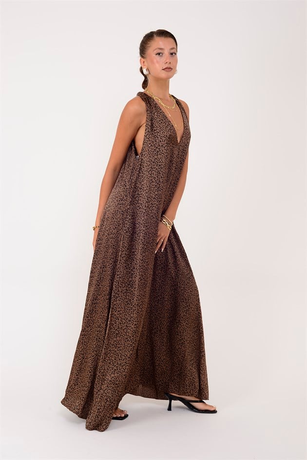 72466 LEOPAR DESEN SIRT DETAYLI V YAKA ELBİSE