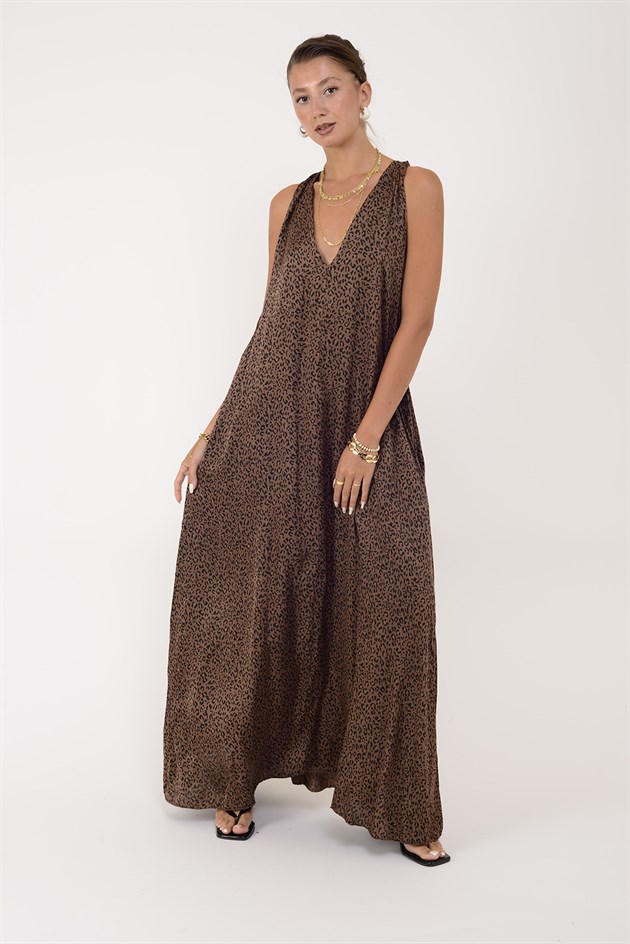 72466 LEOPAR DESEN SIRT DETAYLI V YAKA ELBİSE