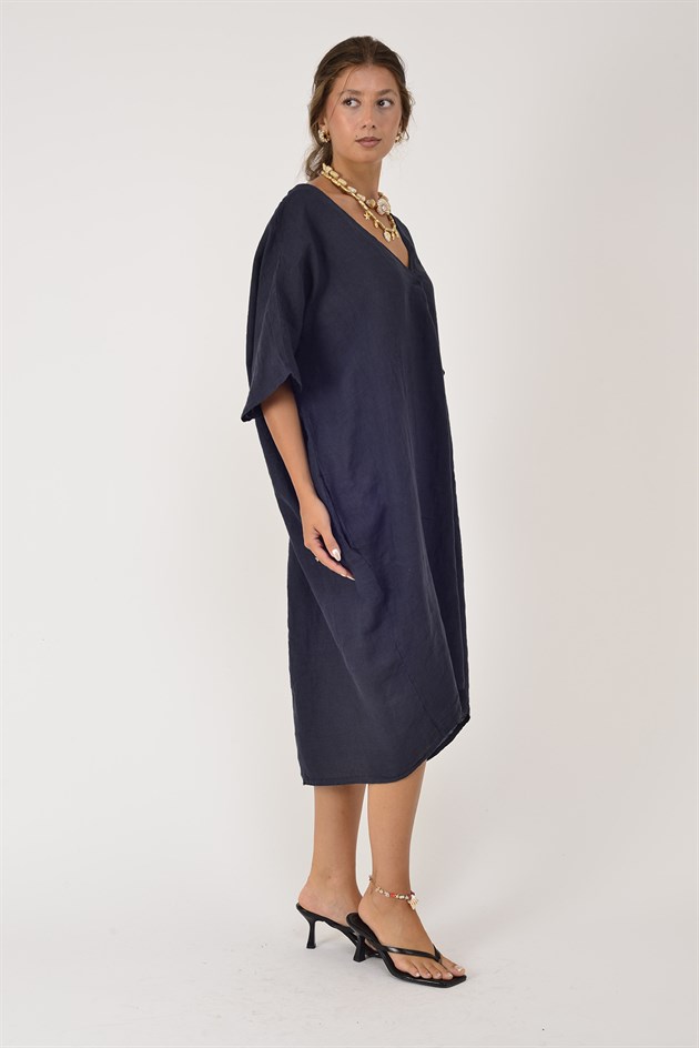 72480 V YAKA OVERSIZE KETEN ELBİSE