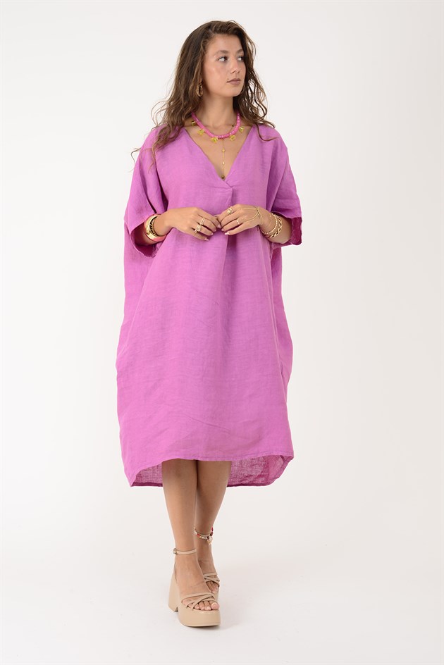72480 V YAKA OVERSIZE KETEN ELBİSE