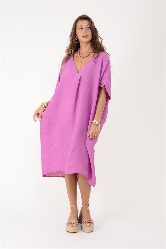 72480 V YAKA OVERSIZE KETEN ELBİSE