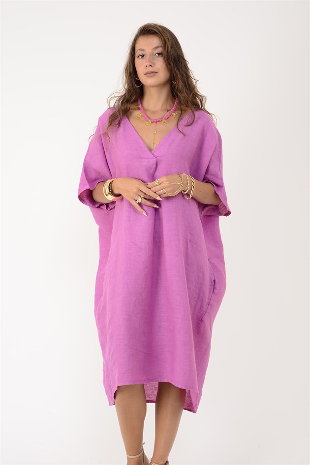 72480 V YAKA OVERSIZE KETEN ELBİSE