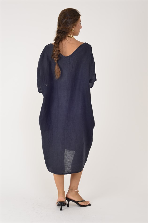 72480 V YAKA OVERSIZE KETEN ELBİSE