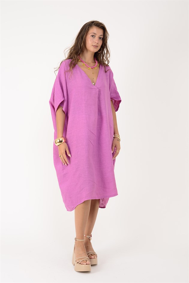 72480 V YAKA OVERSIZE KETEN ELBİSE