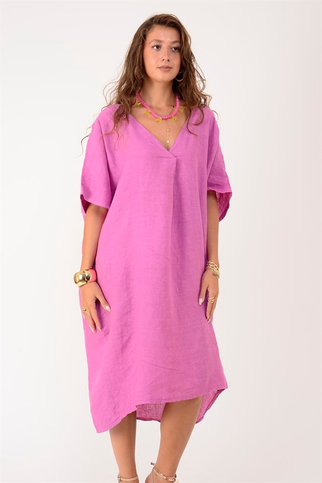 72480 V YAKA OVERSIZE KETEN ELBİSE
