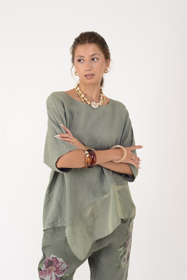 72551 İPEK DETAYLI ASİMETRİK KETEN BLUZ