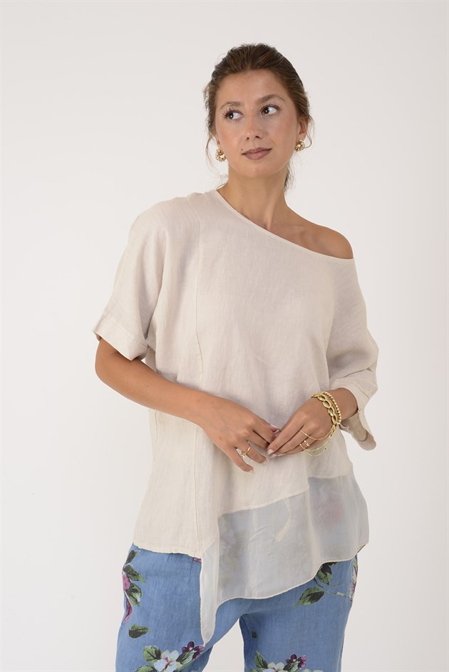72551 İPEK DETAYLI ASİMETRİK KETEN BLUZ