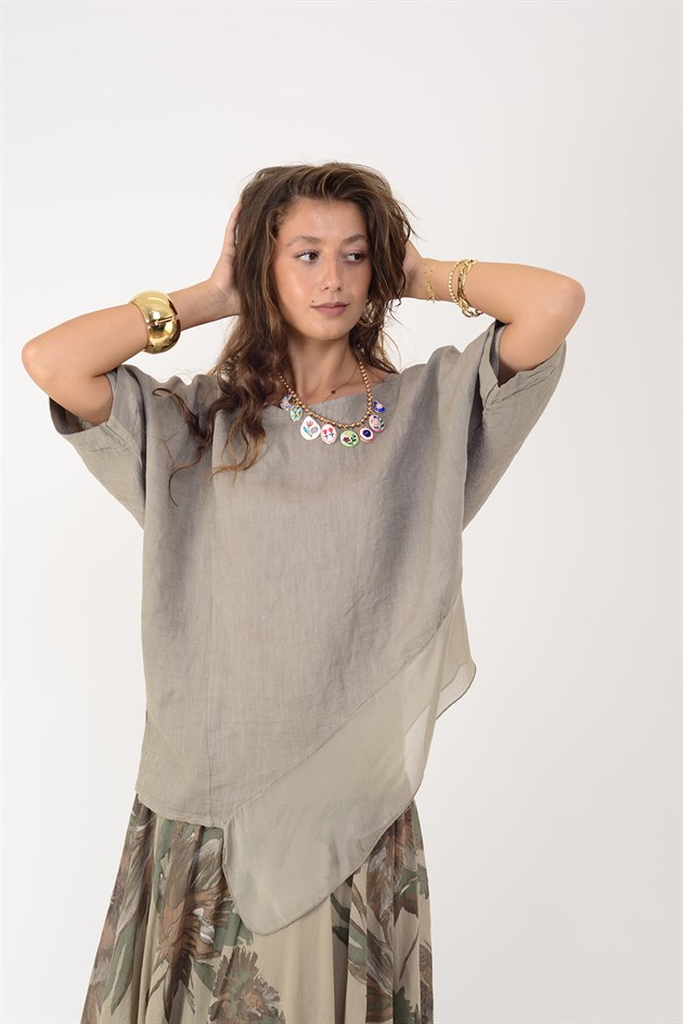 72551 İPEK DETAYLI ASİMETRİK KETEN BLUZ