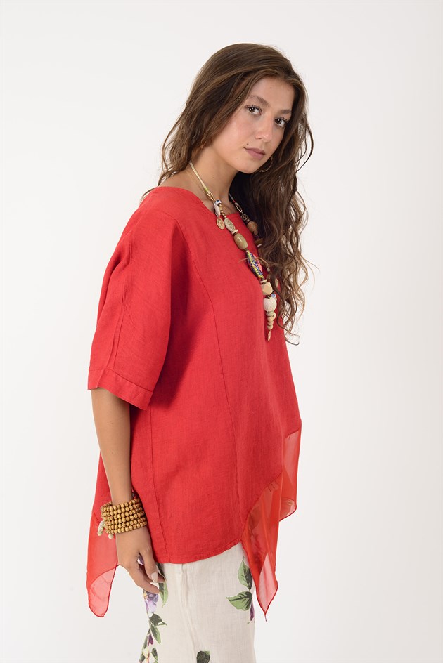 72551 İPEK DETAYLI ASİMETRİK KETEN BLUZ