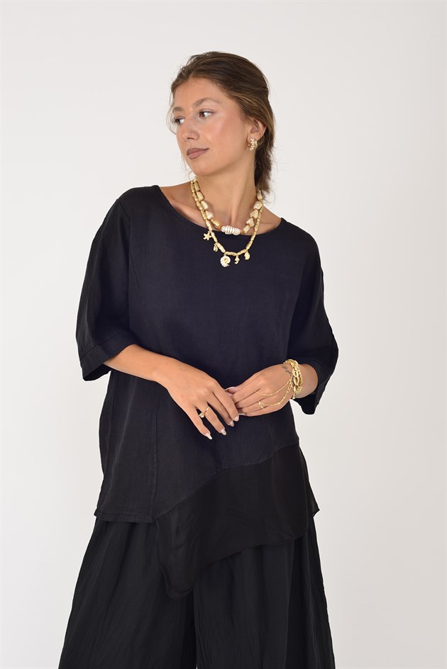 72551 İPEK DETAYLI ASİMETRİK KETEN BLUZ