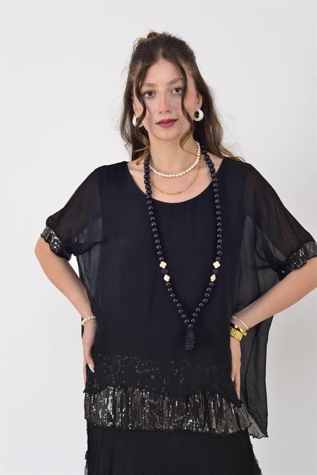 7266 YARASA KOL PAYET DETAYLI KAT KAT İPEK ELBİSE