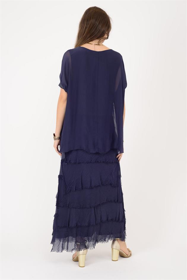 7266 YARASA KOL PAYET DETAYLI KAT KAT İPEK ELBİSE