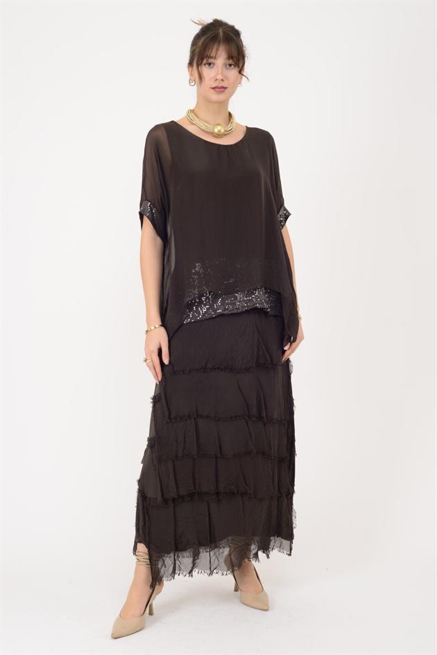 7266 YARASA KOL PAYET DETAYLI KAT KAT İPEK ELBİSE