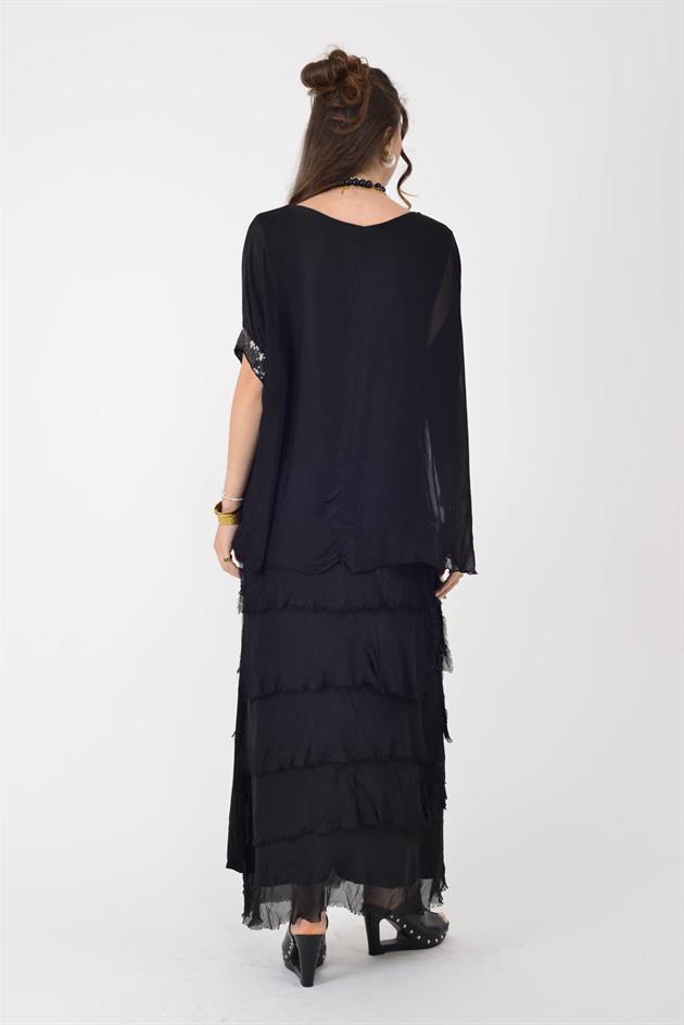 7266 YARASA KOL PAYET DETAYLI KAT KAT İPEK ELBİSE