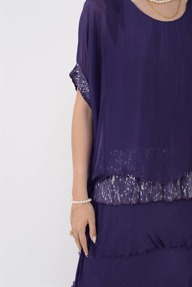 7266 YARASA KOL PAYET DETAYLI KAT KAT İPEK ELBİSE