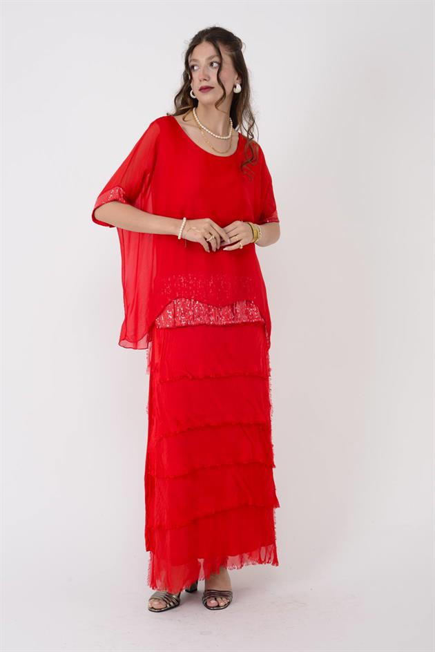 7266 YARASA KOL PAYET DETAYLI KAT KAT İPEK ELBİSE