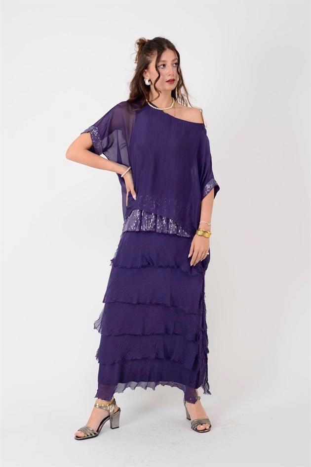 7266 YARASA KOL PAYET DETAYLI KAT KAT İPEK ELBİSE