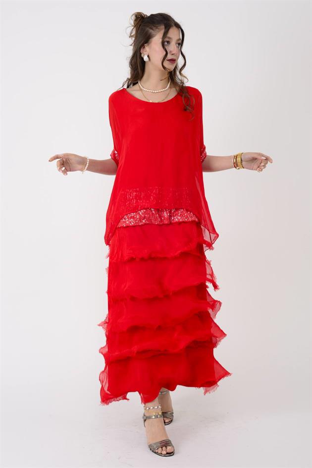 7266 YARASA KOL PAYET DETAYLI KAT KAT İPEK ELBİSE