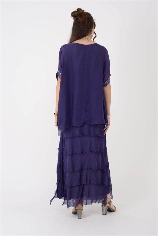 7266 YARASA KOL PAYET DETAYLI KAT KAT İPEK ELBİSE