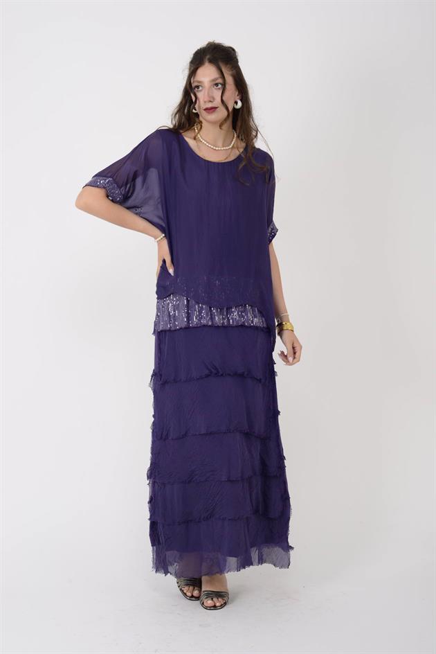 7266 YARASA KOL PAYET DETAYLI KAT KAT İPEK ELBİSE