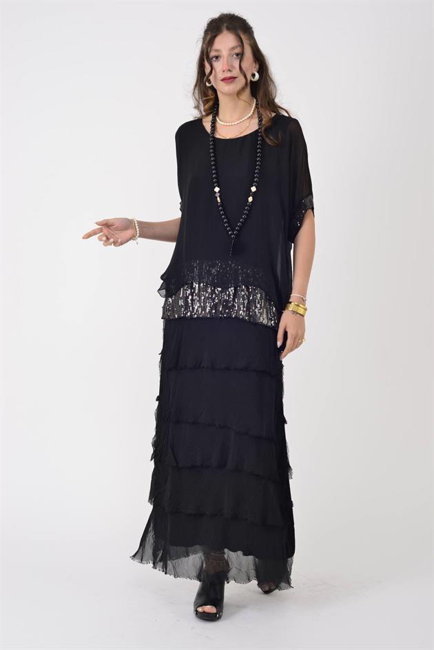 7266 YARASA KOL PAYET DETAYLI KAT KAT İPEK ELBİSE