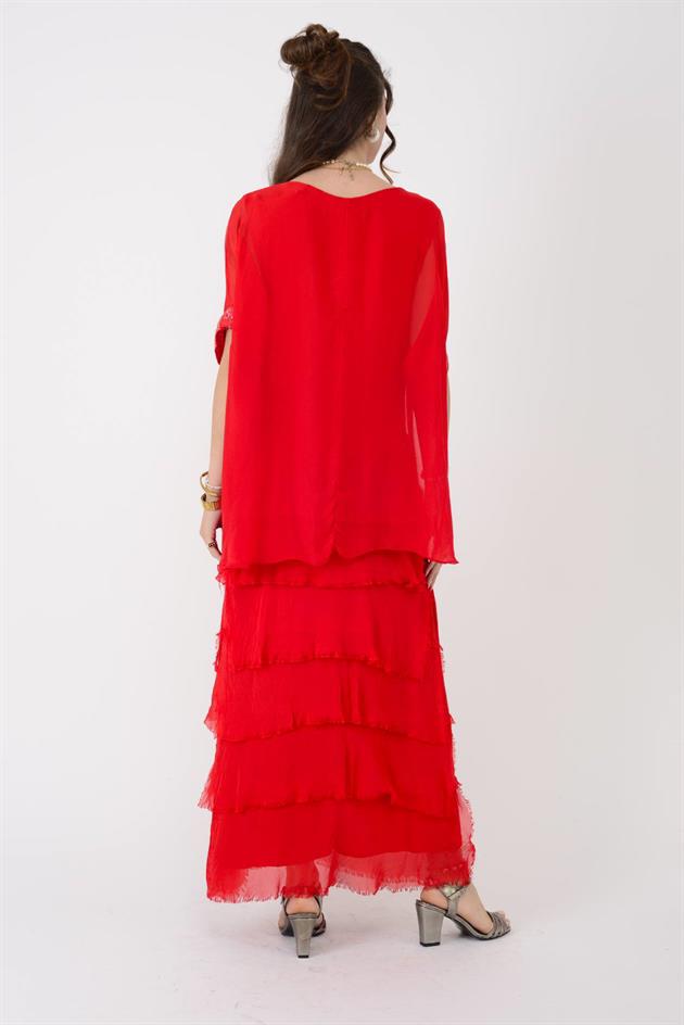 7266 YARASA KOL PAYET DETAYLI KAT KAT İPEK ELBİSE