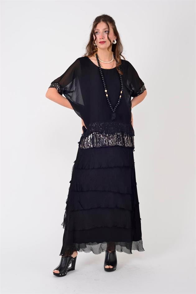 7266 YARASA KOL PAYET DETAYLI KAT KAT İPEK ELBİSE