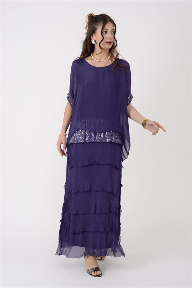 7266 YARASA KOL PAYET DETAYLI KAT KAT İPEK ELBİSE