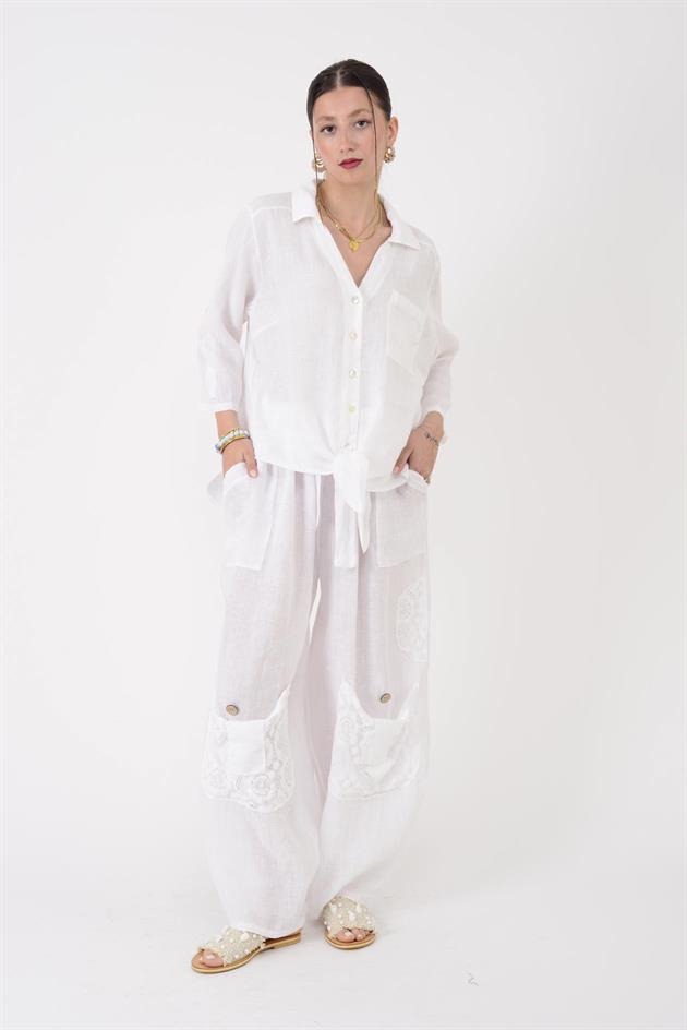 7321 DANTELM DETAYLI KEMERLİ KETEN PANTOLON