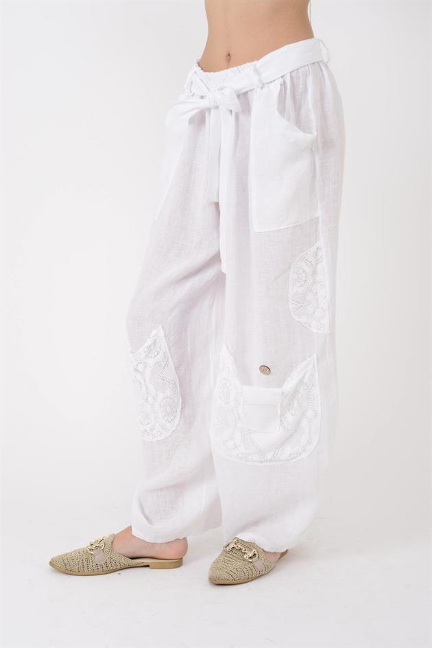 7321 DANTELM DETAYLI KEMERLİ KETEN PANTOLON