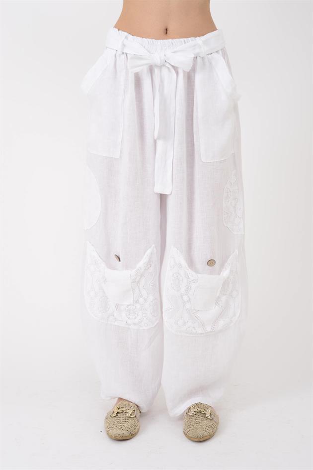 7321 DANTELM DETAYLI KEMERLİ KETEN PANTOLON