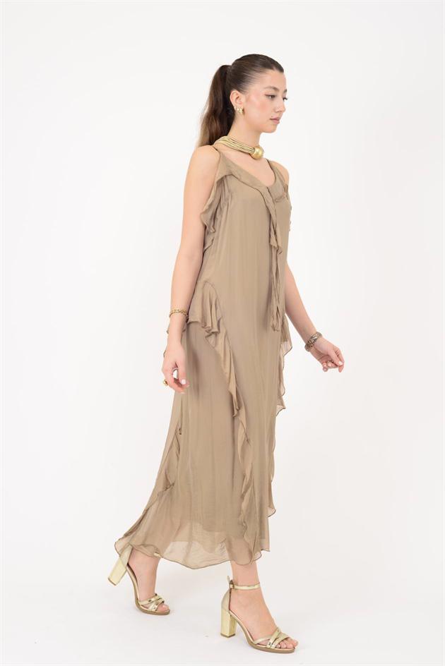 7371 FIRFIR DETAYLI ASKILI İPEK ELBİSE