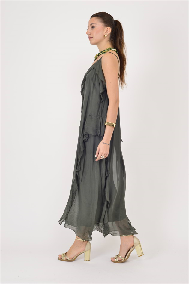 7371 FIRFIR DETAYLI ASKILI İPEK ELBİSE