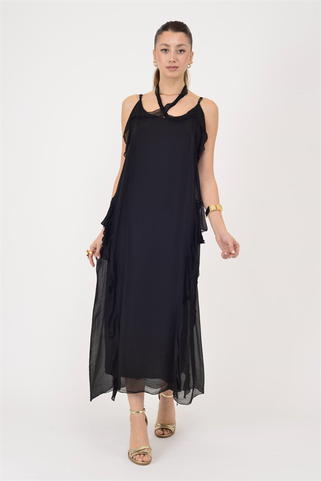 7371 FIRFIR DETAYLI ASKILI İPEK ELBİSE