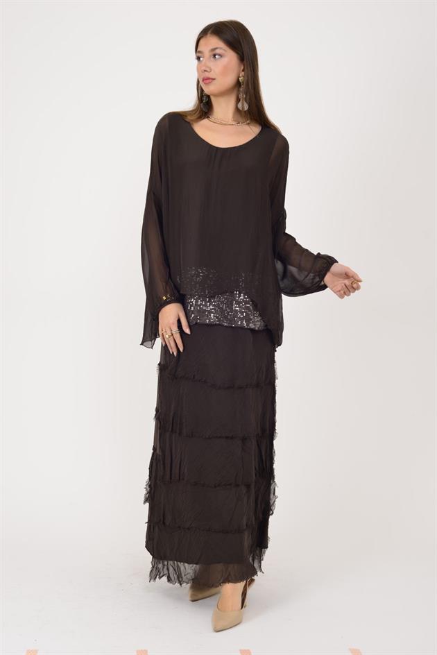 7509 PUL DETAYLI UZUN KOL KAT KAT İPEK ELBİSE