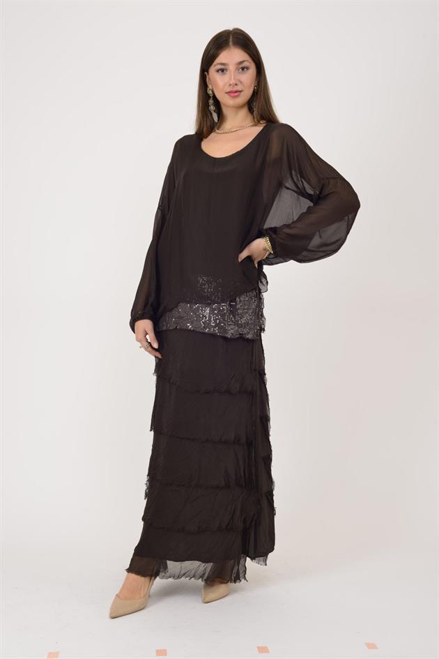 7509 PUL DETAYLI UZUN KOL KAT KAT İPEK ELBİSE