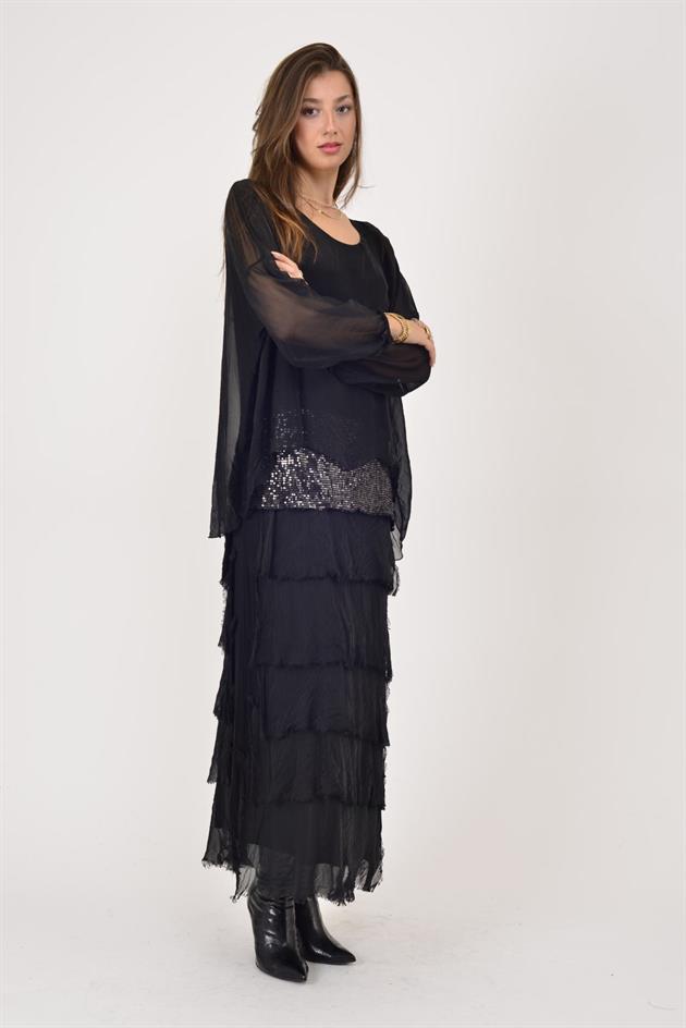 7509 PUL DETAYLI UZUN KOL KAT KAT İPEK ELBİSE