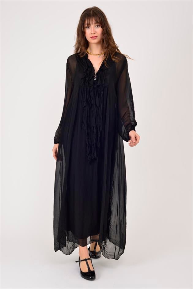 7513 COSTELLO FIRFIR DETAYLI UZUN İPEK ELBİSE