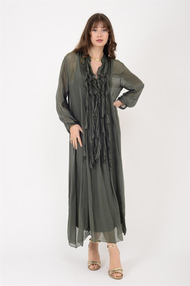 7513 COSTELLO FIRFIR DETAYLI UZUN İPEK ELBİSE