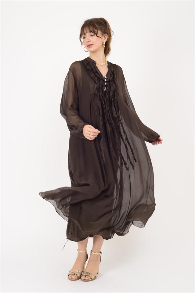 7513 COSTELLO FIRFIR DETAYLI UZUN İPEK ELBİSE