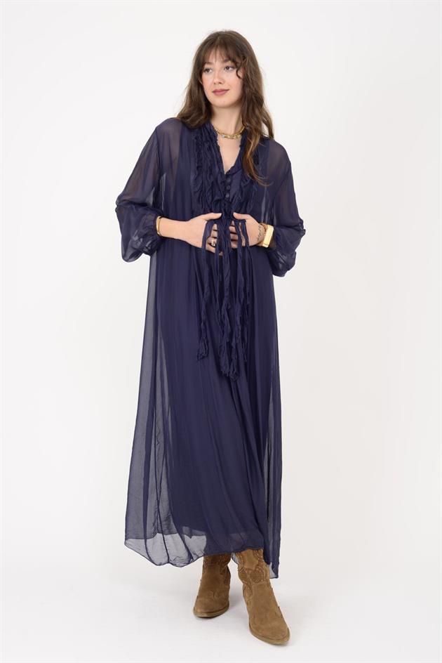 7513 COSTELLO FIRFIR DETAYLI UZUN İPEK ELBİSE