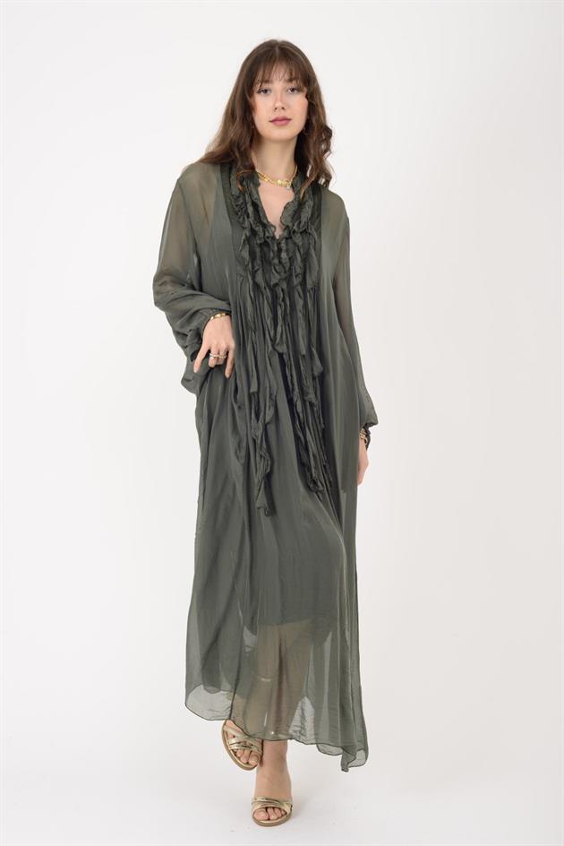 7513 COSTELLO FIRFIR DETAYLI UZUN İPEK ELBİSE