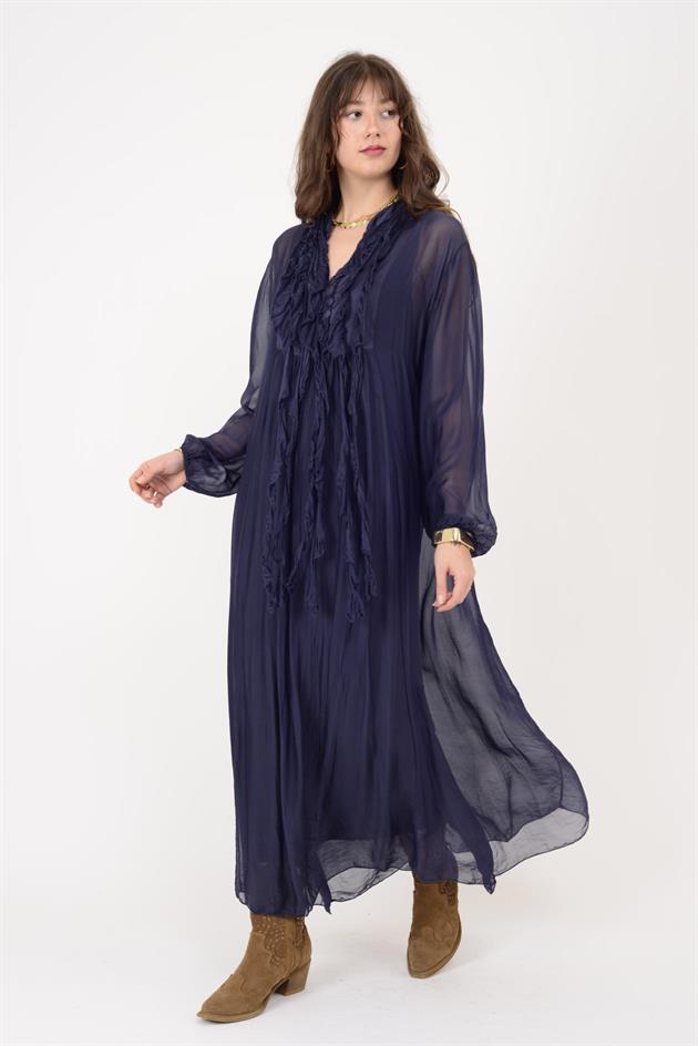 7513 COSTELLO FIRFIR DETAYLI UZUN İPEK ELBİSE