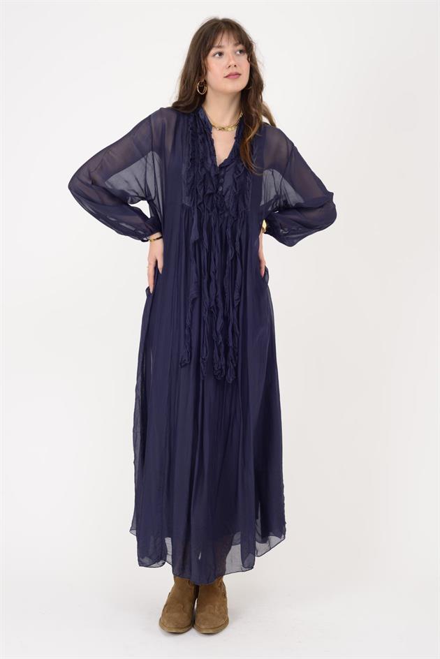 7513 COSTELLO FIRFIR DETAYLI UZUN İPEK ELBİSE