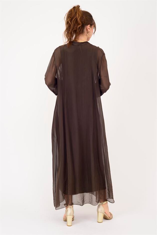 7513 COSTELLO FIRFIR DETAYLI UZUN İPEK ELBİSE