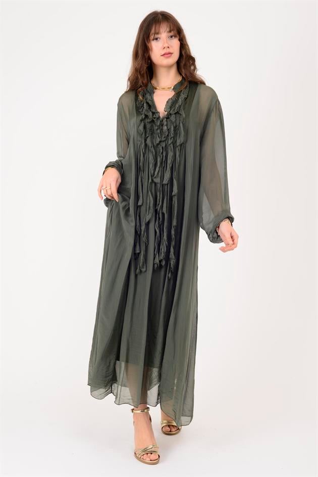 7513 COSTELLO FIRFIR DETAYLI UZUN İPEK ELBİSE