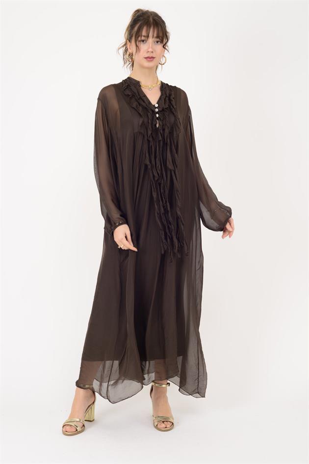 7513 COSTELLO FIRFIR DETAYLI UZUN İPEK ELBİSE