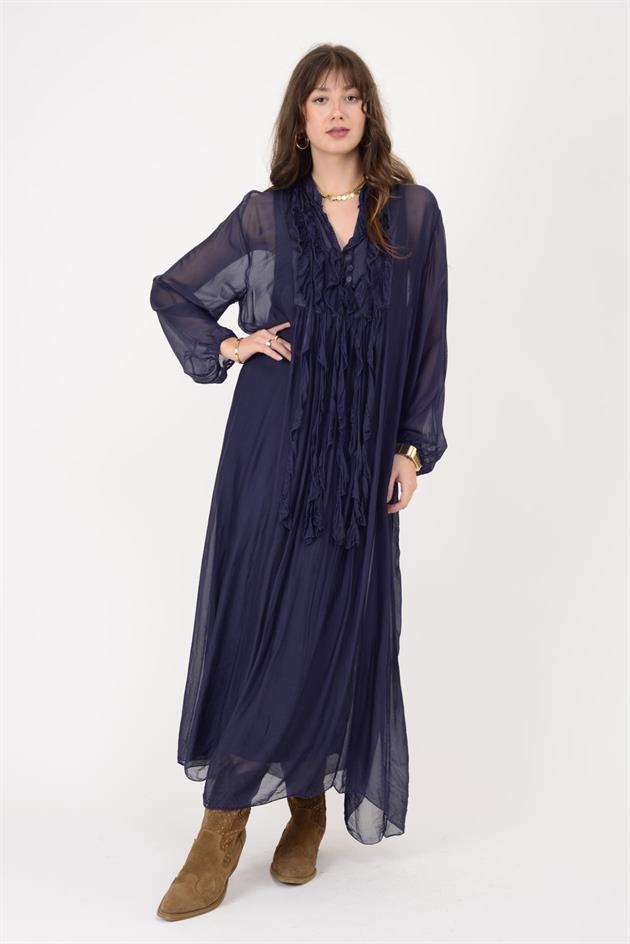 7513 COSTELLO FIRFIR DETAYLI UZUN İPEK ELBİSE