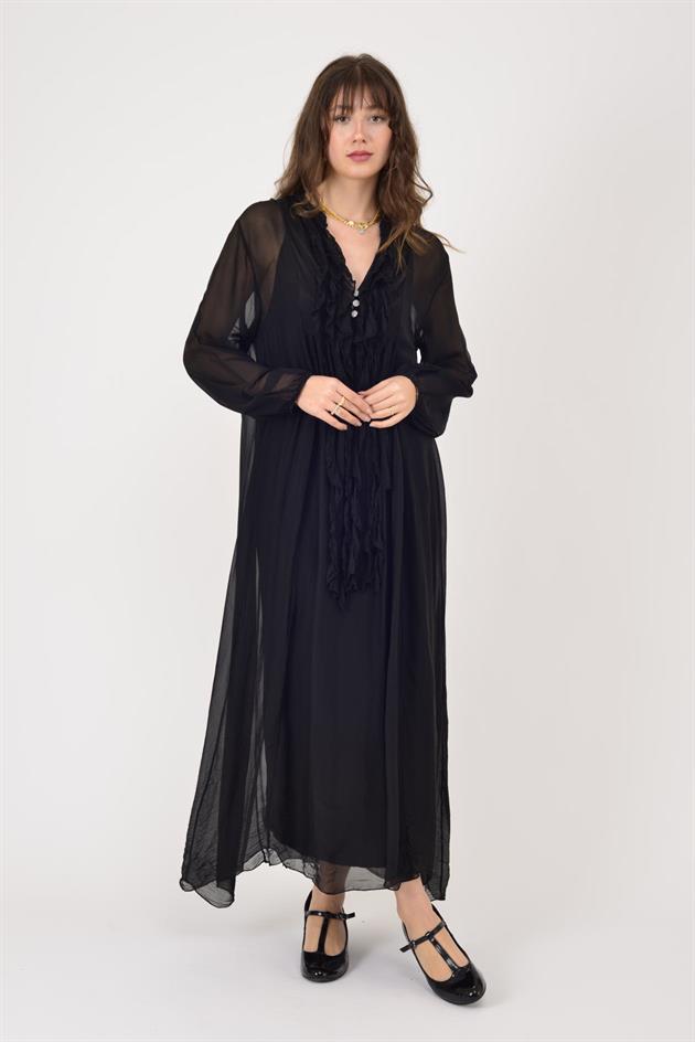 7513 COSTELLO FIRFIR DETAYLI UZUN İPEK ELBİSE