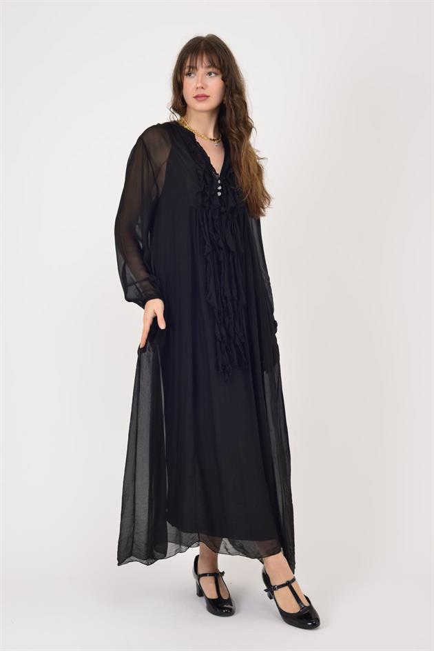 7513 COSTELLO FIRFIR DETAYLI UZUN İPEK ELBİSE